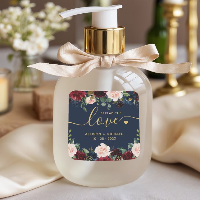 Gold Spread the Love Script Burgundy Navy Floral Square Sticker (Creator Uploaded)