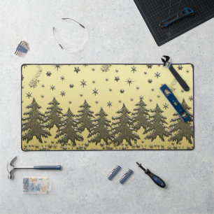 Gold Spruce trees, snowflake under starry gold sky Desk Mat