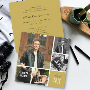 Gold Square 4 Photo Minimalist College Grad Party Invitation