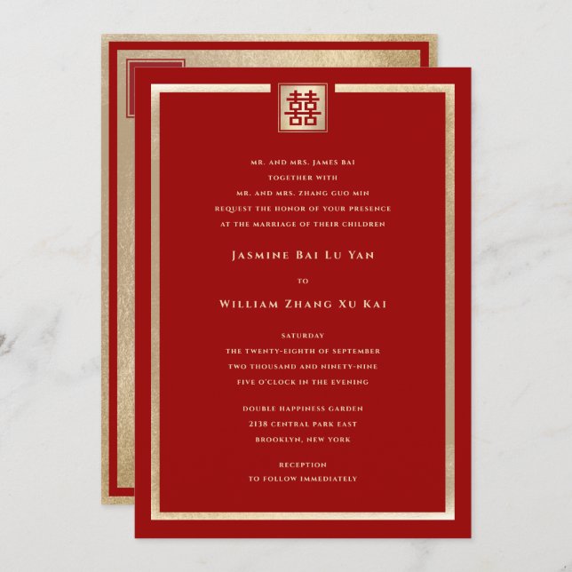 Gold Square Double Happiness Chic Chinese Wedding Invitation (Front/Back)
