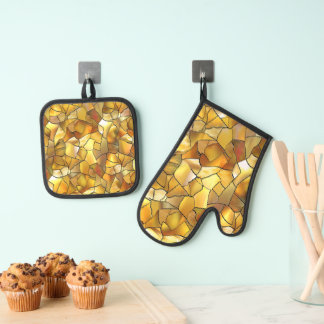 GOLD STAINED GLASS MOSAIC LOOK  OVEN MITT & POT HOLDER SET