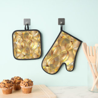 GOLD STAINED GLASS MOSAIC LOOK  OVEN MITT & POT HOLDER SET