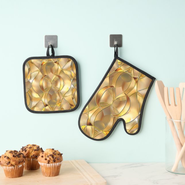 GOLD STAINED GLASS MOSAIC LOOK  OVEN MITT & POT HOLDER SET (Insitu(Hanging))