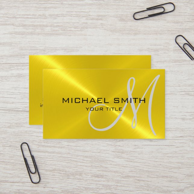 Gold Stainless Steel Metal Monogram Business Card (Front/Back In Situ)