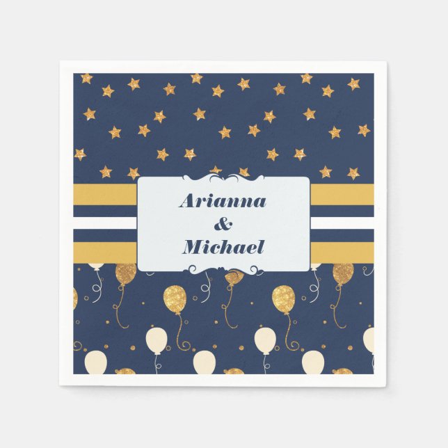 Gold Star Balloons Navy Personalised Custom Names Napkin (Front)
