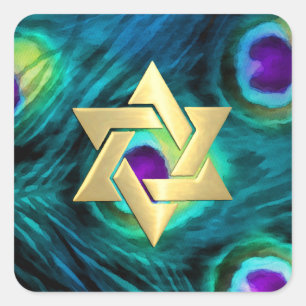 Gold Star Bat Mitzvah Peacock Purple and Teal Square Sticker