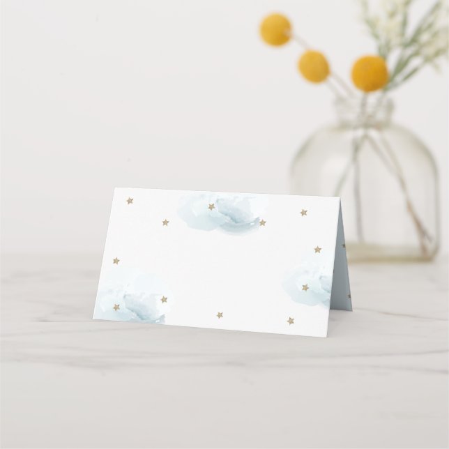 Gold Star & Blue Cloud Baby Shower Blank Place Card (Front)