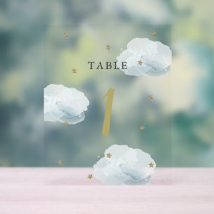 Gold Star & Blue Cloud Baby Shower Table Number Acrylic Sign