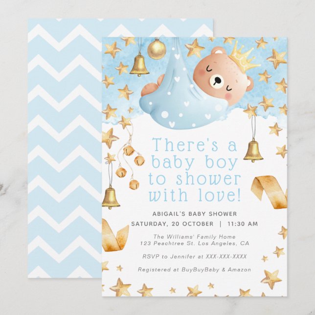 Gold Star Blue Teddy Bear Prince - Boy Baby Shower Invitation (Front/Back)