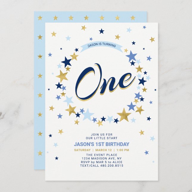Gold Star | Boy 1st Birthday Invitation (Front/Back)