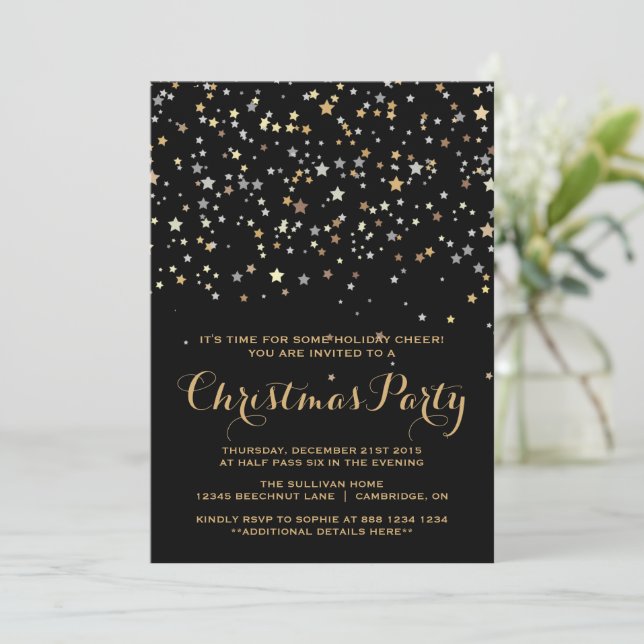 Gold Star Confetti Christmas Party Invitation (Standing Front)