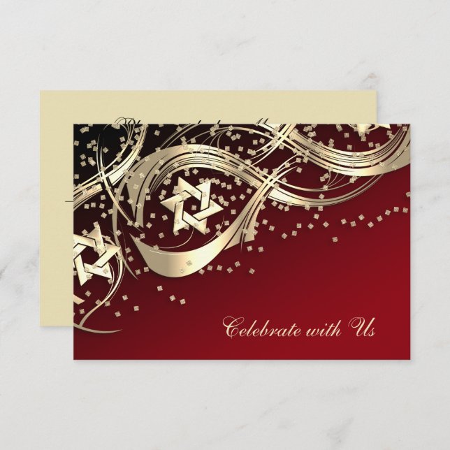 Gold Star Confetti Flourish RSVP Card Black (Front/Back)