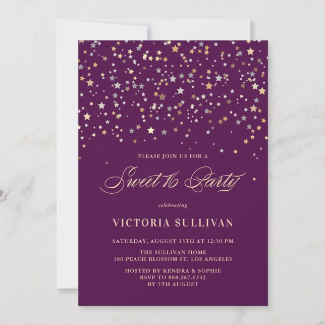 Gold Star Confetti Sweet Sixteen Party Invitation (Front)