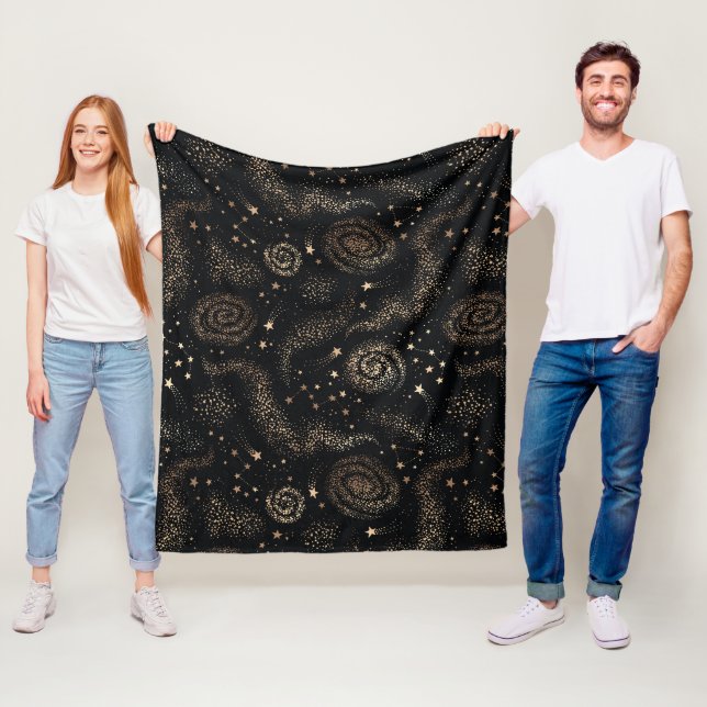 Gold Star Constellation Galaxy Pattern Fleece Blanket (In Situ)