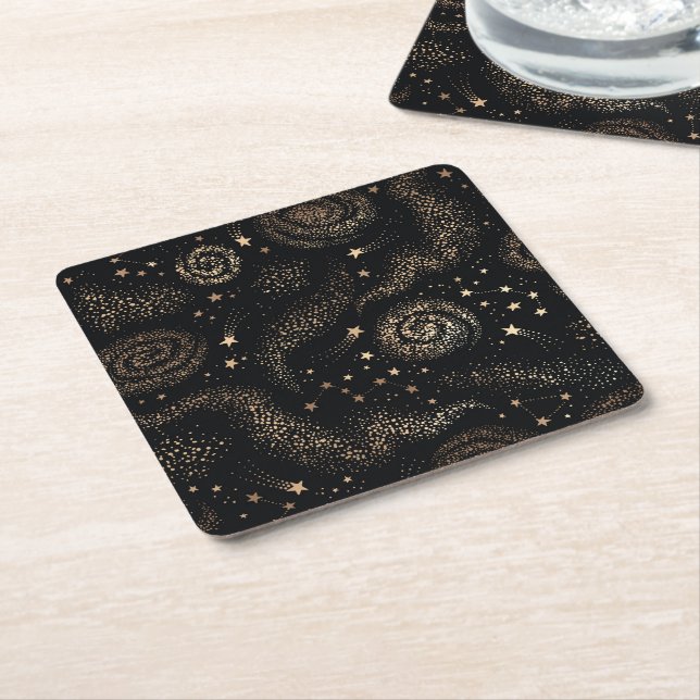 Gold Star Constellation Galaxy Pattern Square Paper Coaster (Angled)
