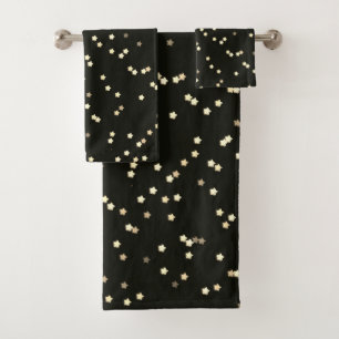 Gold Star Design On Black Bath Towel Set