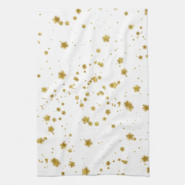 Gold Star Faux Foil Sequin Background Stars Design Tea Towel (Vertical)