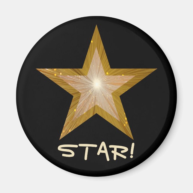 Gold Star fridge 'STAR!' magnet round black (Front)