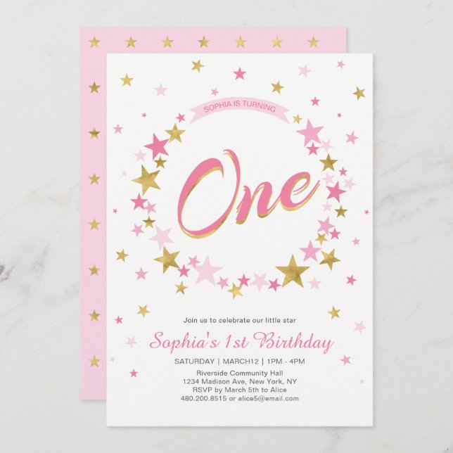 Gold Star | Girl 1st Birthday Invitation (Front/Back)