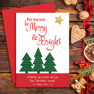Gold Star Green Tree Be Merry Bright Script Simple Holiday Card