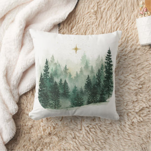 Gold Star Green Trees Christmas Cushion