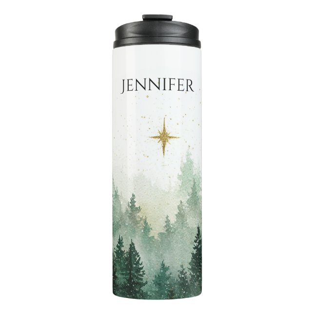 Gold Star Green Trees Christmas Thermal Tumbler (Front)