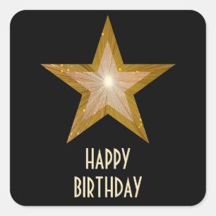 Gold Star 'Happy Birthday' square sticker black