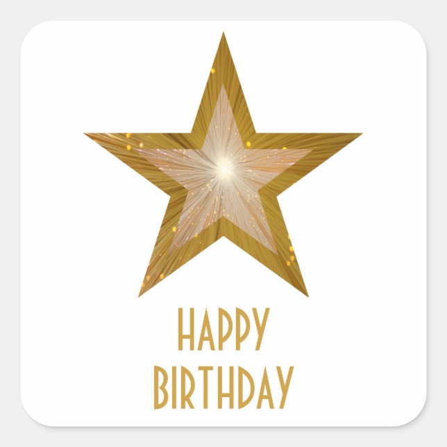 Gold Star 'Happy Birthday' square sticker white (Front)