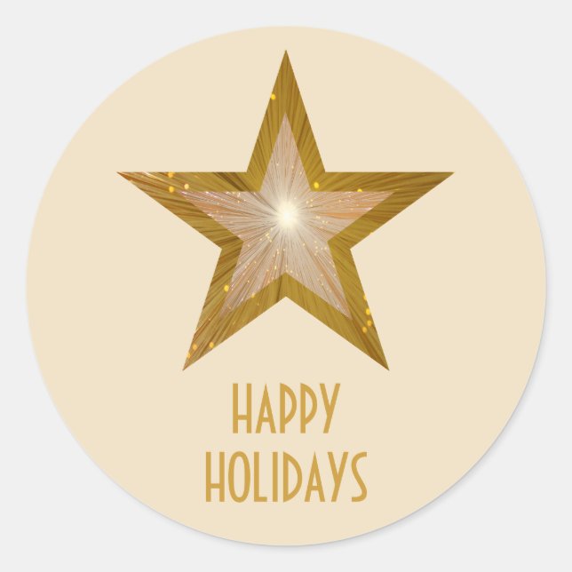 Gold Star 'Happy Holidays' round sticker cream (Front)