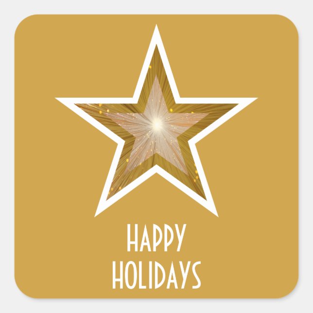 Gold Star 'Happy Holidays' square sticker yellow (Front)