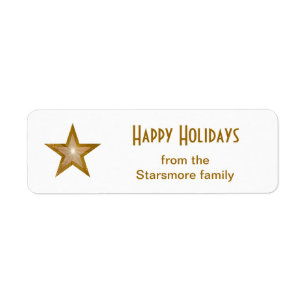 Gold Star 'Happy Holidays' text label small white Return Address Label