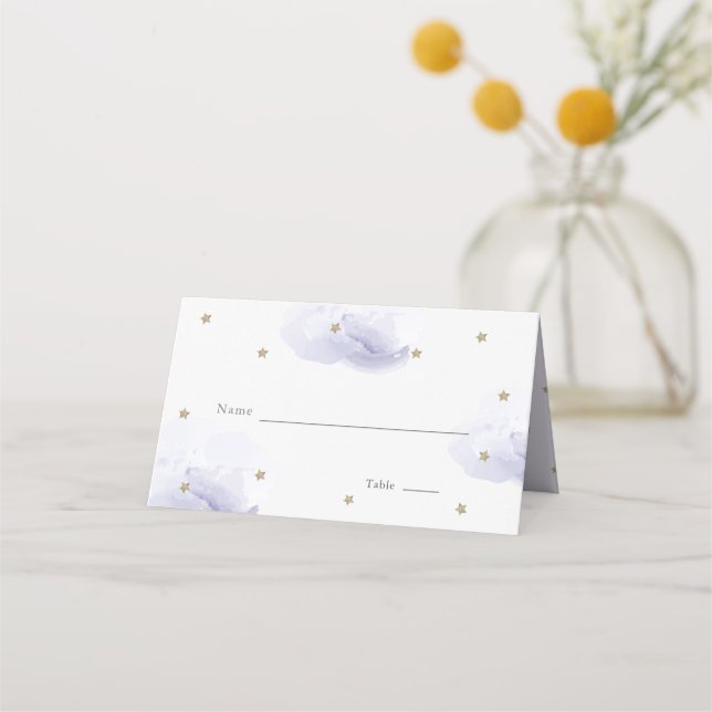 Gold Star & Lavender Cloud Baby Shower Place Card (Front)