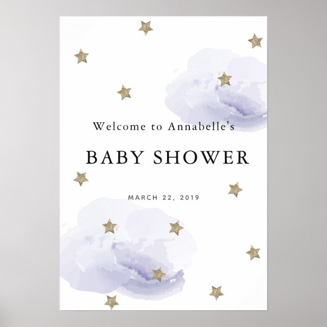 Gold Star Lavender Clouds Baby Shower Welcome Sign (Front)
