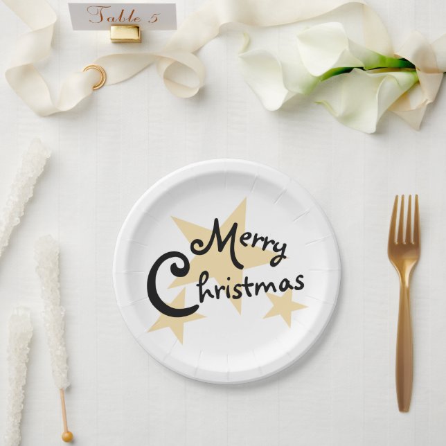 Gold Star Merry Christmas on White Paper Plate (Wedding)