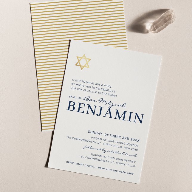 GOLD STAR modern Bar Mitzvah minimal navy blue Invitation (Creator Uploaded)