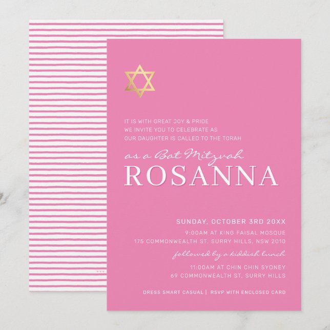 GOLD STAR modern Bat Mitzvah minimal pretty pink Invitation (Front/Back)