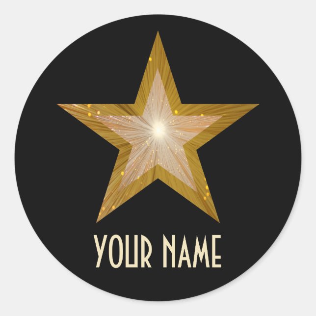 Gold Star 'Name' round sticker black (Front)