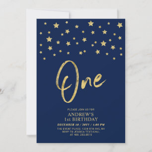 Gold Star   Navy Blue One 1st Birthday Party Invitation