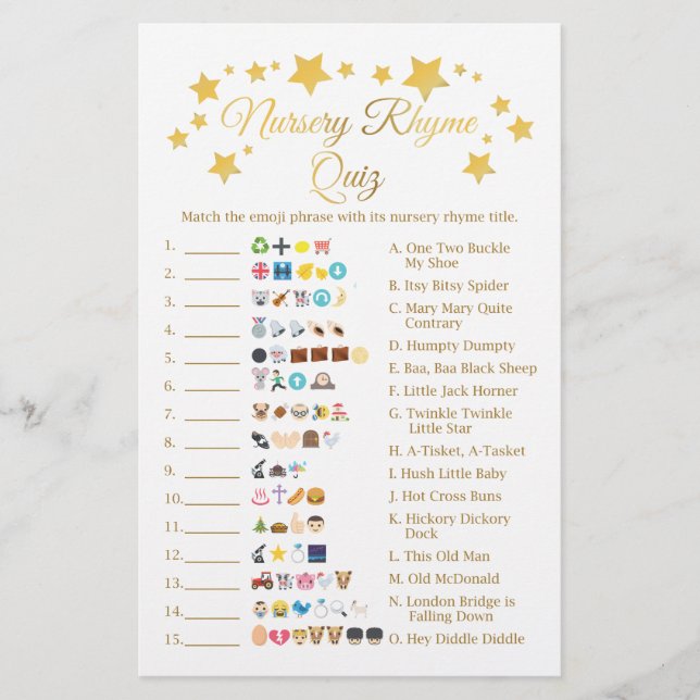 Gold Star Nursery Rhyme Baby Shower Emoji Game Flyer (Front)