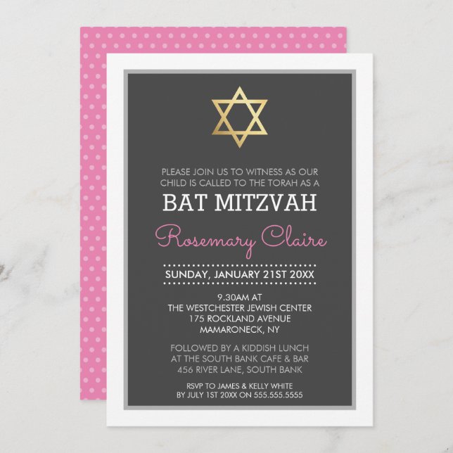 GOLD STAR OF DAVID bat mitzvah modern grey pink Invitation (Front/Back)