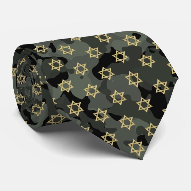 Gold Star Of David II Dark Green Camo Camouflage Tie (Rolled)