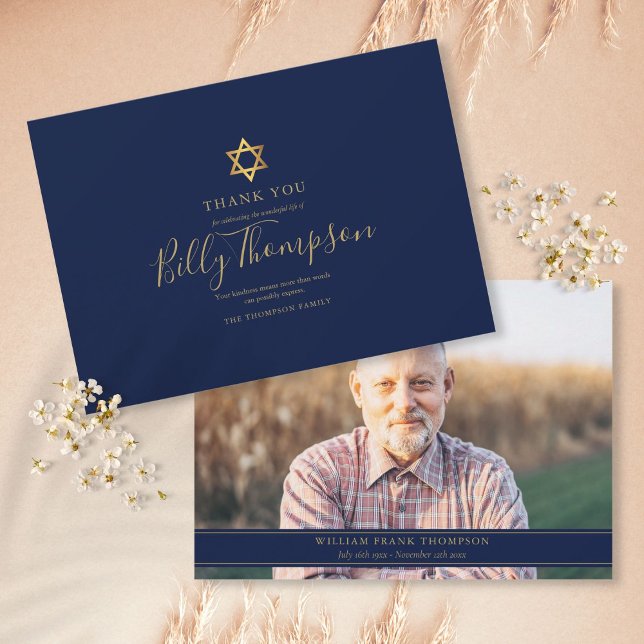 Gold Star of David Jewish Memorial Funeral Photo Thank You Card (Creator Uploaded)