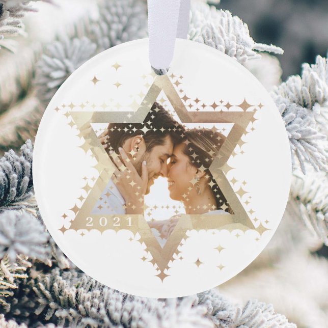 Gold Star of David Mr & Mrs First Hanukkah Photo Ornament (Creator Uploaded)