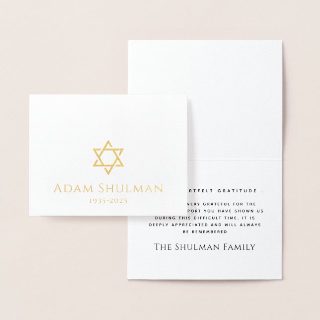 Gold Star of David real foil sympathy thank you Foil Card (Display)