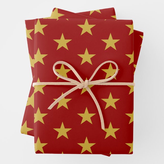 Gold Star on Crimson  Wrapping Paper Sheet (In situ)