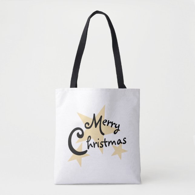 Gold Star on White Merry Christmas Tote Bag (Front)