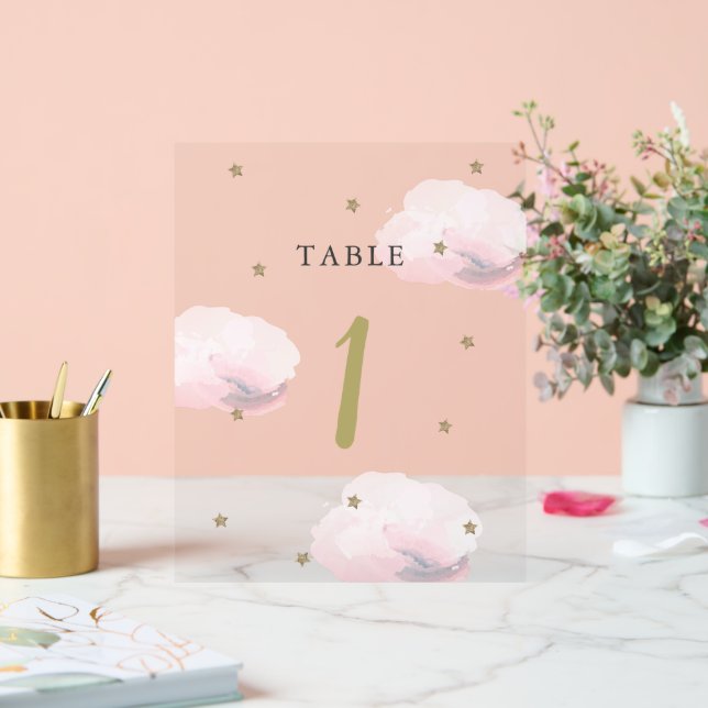 Gold Star & Pink Cloud Baby Shower Table Number Acrylic Sign (Wedding)