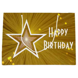 Gold Star print Happy Birthday white large Gift Bag