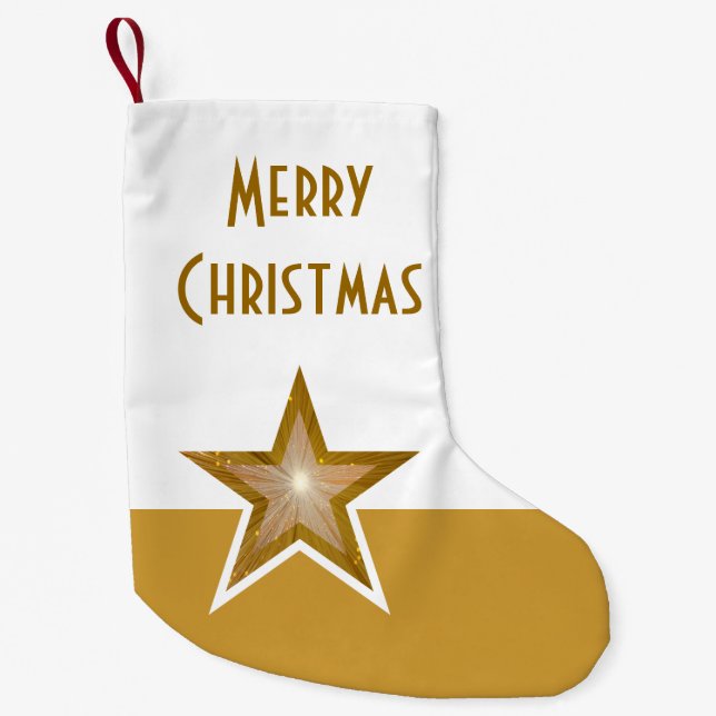 Gold Star print Merry Christmas gold white double Small Christmas Stocking (Front)