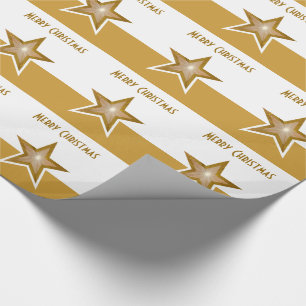 Gold Star print Merry Christmas gold white stripe Wrapping Paper